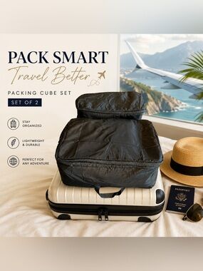 Black Nylon Travel Packing Cubes Organizer Set of 2 Zip Storage Bags